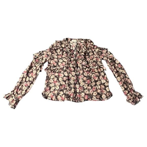 LoveShackFancy Women 100% Silk Floral Ruffle Button Front Sheer Blouse Top Small - Picture 1 of 6